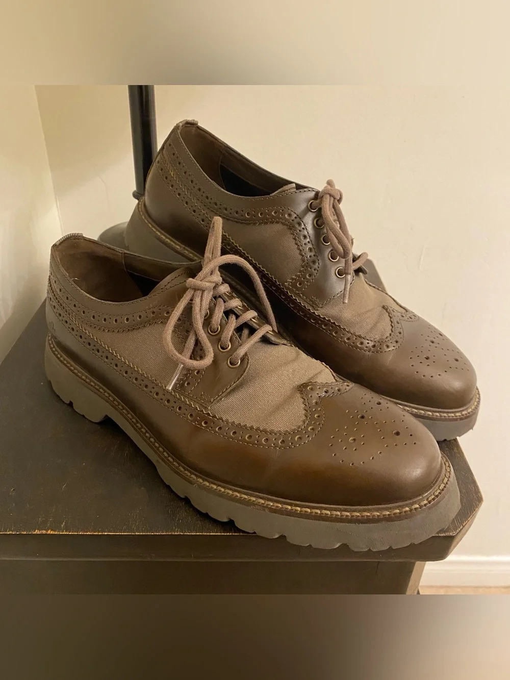 Cole Haan Men's 11 American Classics Longwing Oxfords Brown Leather Green Canvas